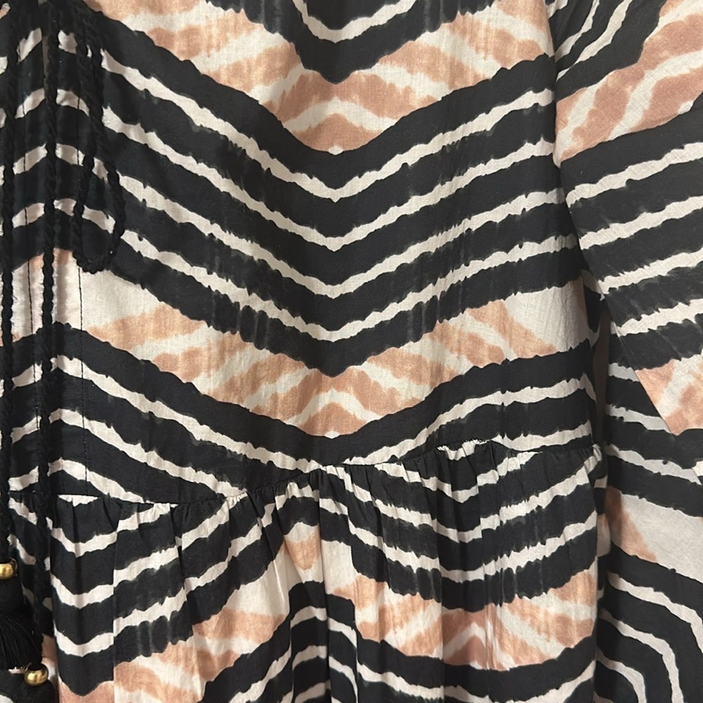 Figue Bella Short Dress Chevron Black,White,Tan Smocked Cuffs Small Boho Boho - Picture 5 of 13